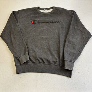 Champion Sweatshirt Mens Large Charcoal Gray Script Logo Pullover Retro Casual